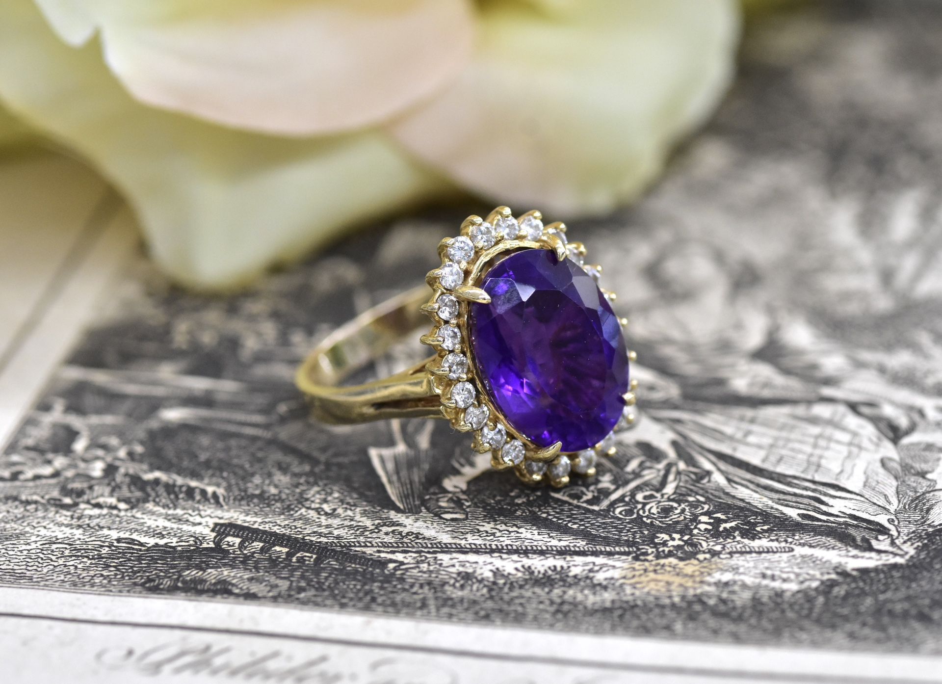 14k yellow gold cocktail ring with diamonds and faux amethyst