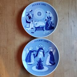 Porsgrund Norway 1971, 1972  Blue, White Christmas Year Plates, Nativity, Angels