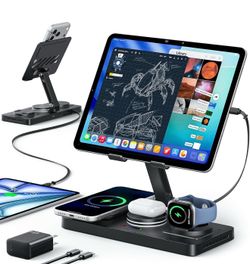 5 in 1 Charging Station for Apple Multiple Devices &65W Adapter, 30W Max Bulit-in Retractable Cable Fast Wired Charging Stand for iPad/Tab, Foldable M