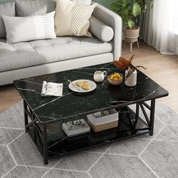 K437 $50  Faux Marble Coffee Table for Living Room,Modern 2-Tier Coffee Table with Storage,Rectangular Center Table for Sofa,Sturdy Frame,Black  2-TIE