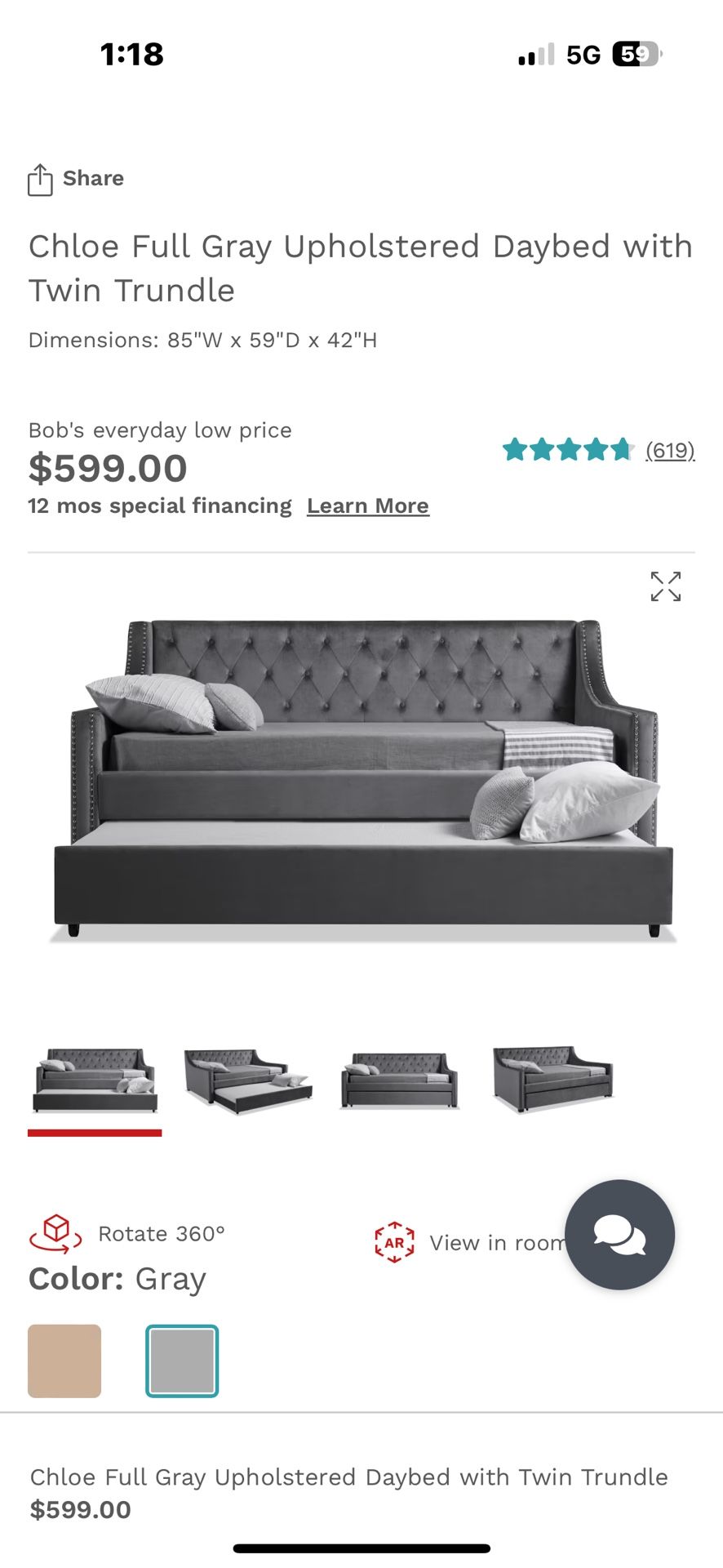 Grey Velvet Trundle Style Full Dayroom Chloe Bed From Bobs Furniture