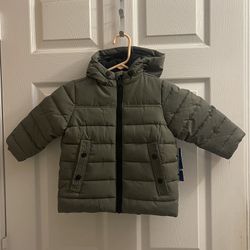 Brand New Boys Perry Ellis Olive Green coat With Hoodie Size 2T Kids