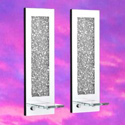 SET OF 2 CRYSTAL/ DIAMOND MIRRORED WALL CANDLE HOLDERS 