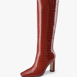 Knee High Boots Women Black Long Boots Slip on Tall Boots Chunky High Heel Square Toe Crocodile Pattern Leather Boots with Side Zipper for Ladies Sexy