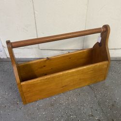 Heavy duty wood decorative caddy 15”T 23.35”L 8.75”W tool box style with handle & honey-toned finish
