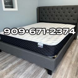 Queen Gray Wingback Button Tufted Bed w. orthopedic Mattress included 