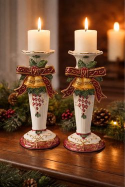 Set of 2 Christmas Ceramic Candle Holders, Bells & Red Bows, Gold Trim, 9