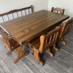 Real Wood Table W/ 4 Chairs And Bench