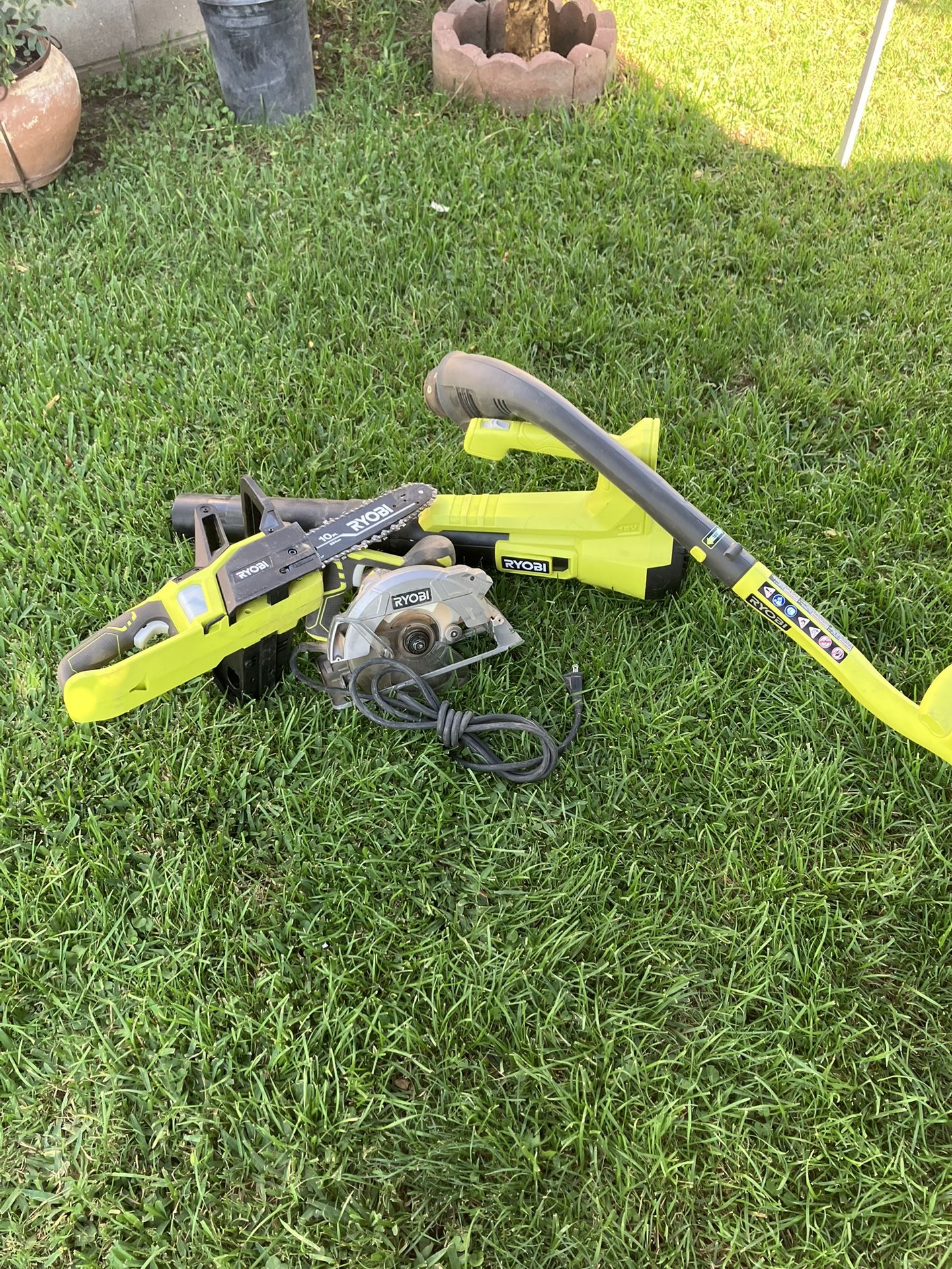 18v 10” Ryobi Chainsaw 18v Blower 18v Trimmer 7 1/4” Corded Circular Saw
