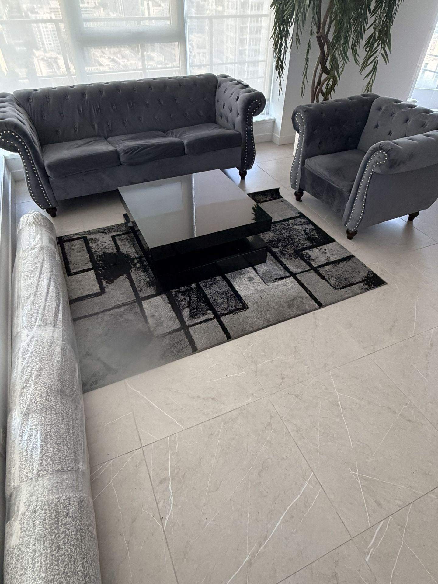 Grey Felder Velvet Rolled Arm Sofa and matching Chair