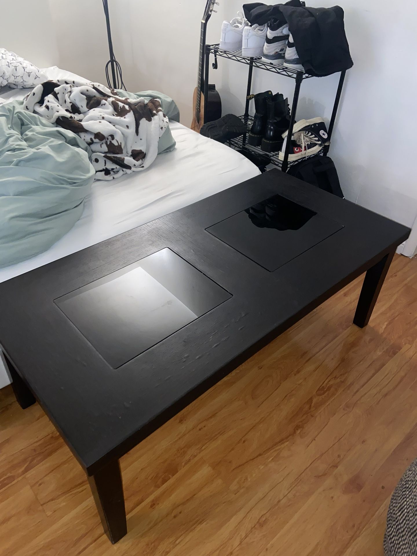 Dark wood coffee table / console with glass accents