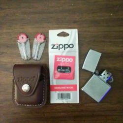 Leather Zippo Lighter w/Case 2 Packs Of Flint's,1 New Wick