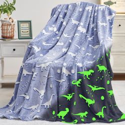 🆕 In 📦 Kids Glow in The Dark Dinosaur Soft Blanket Soft(50"X60"Blue)