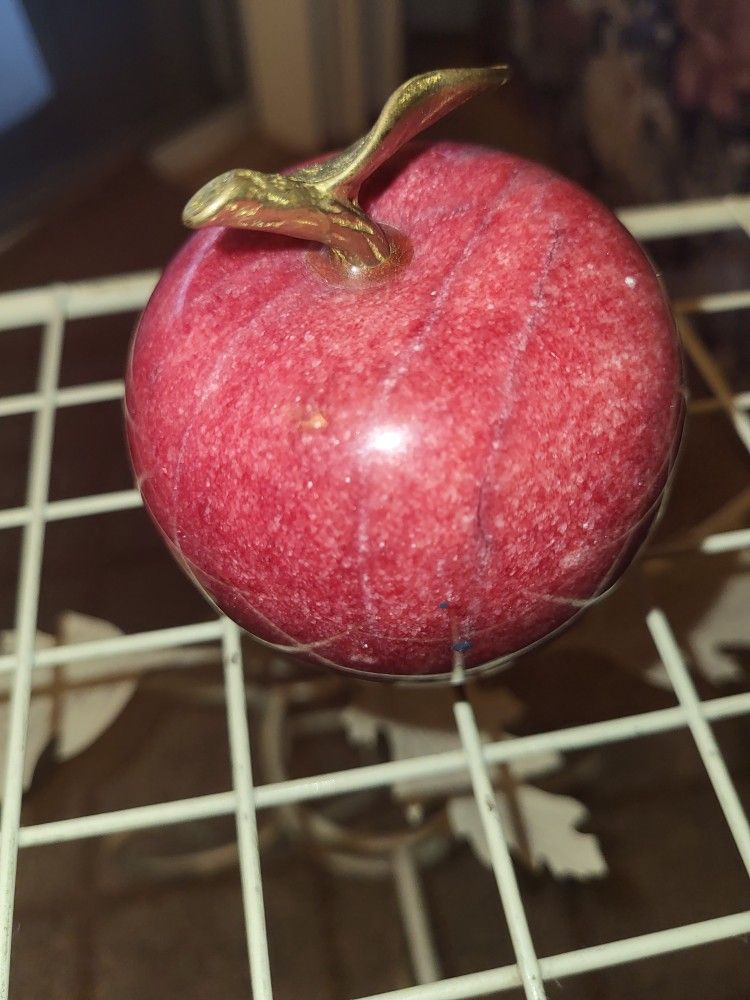 Marble Agate Red Apple Paperweight With Brass Stem