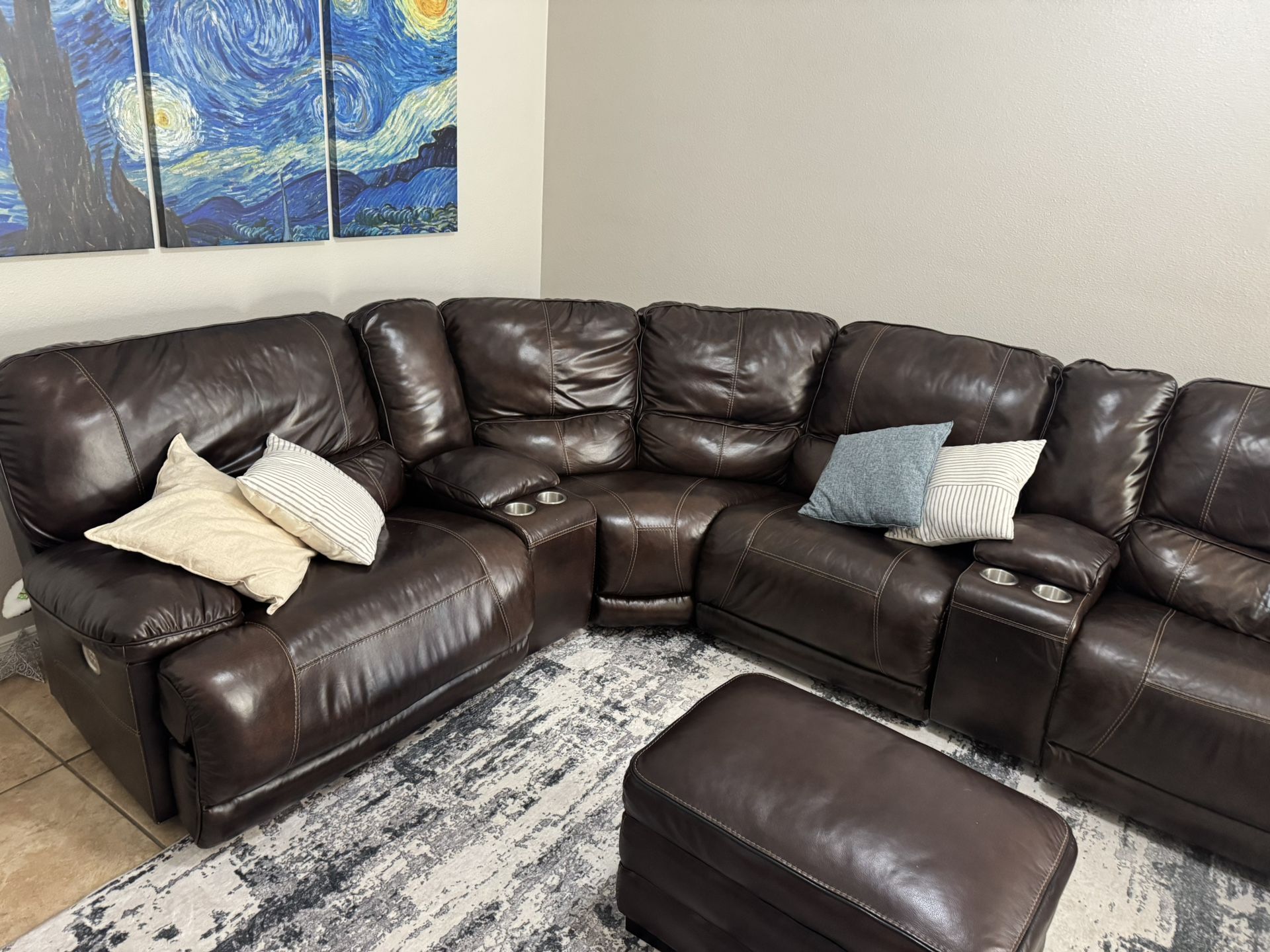 Large Brown Leather Reclining Sectional Sofa w/ Ottoman – Great Condition!