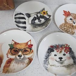 4x Robert Stanley Siganture Collection Fall Ceramic Plates Hedgehog Racoon Fox Owl 8.5" Salad Plates Set, Thanksgiving, Autumn Collection