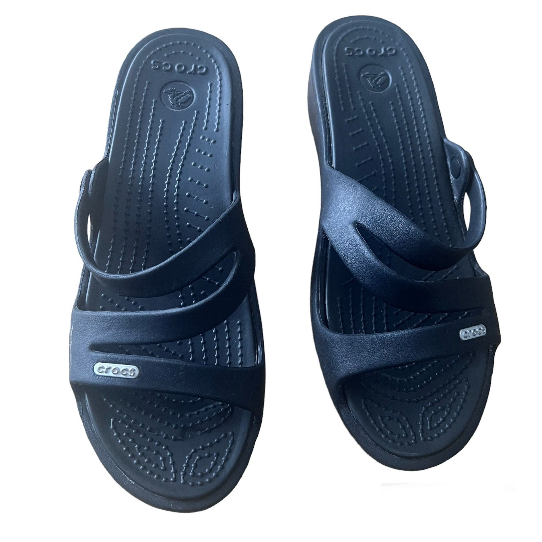 Crocs Women's 8 Black Patricia Wedge Slides Sandals 3 Strap Slip On Wedges