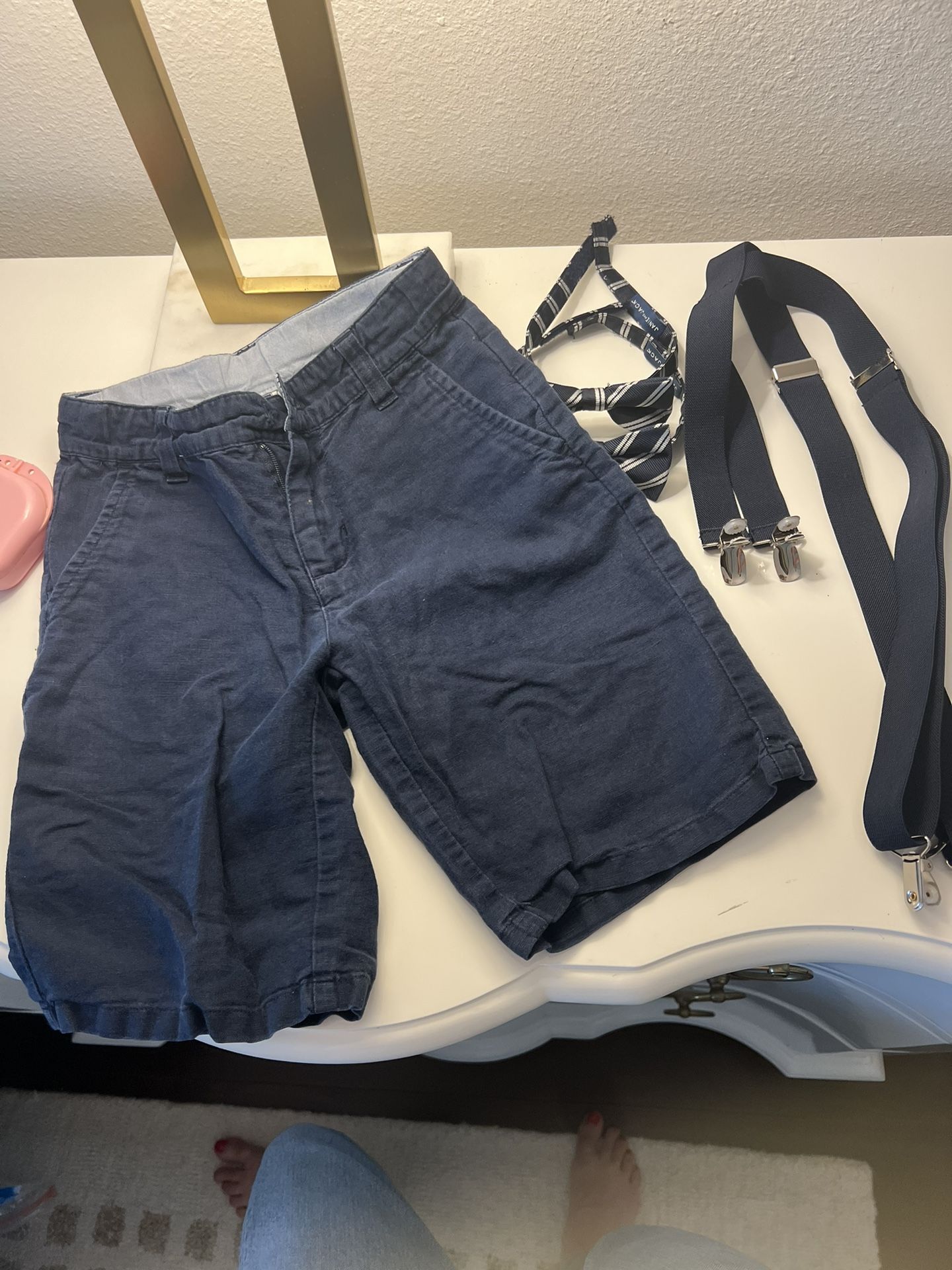 Janie And Jack Ringbearer Suspenders, Bow Tie, Cotton Linen Blend Navy Shorts 