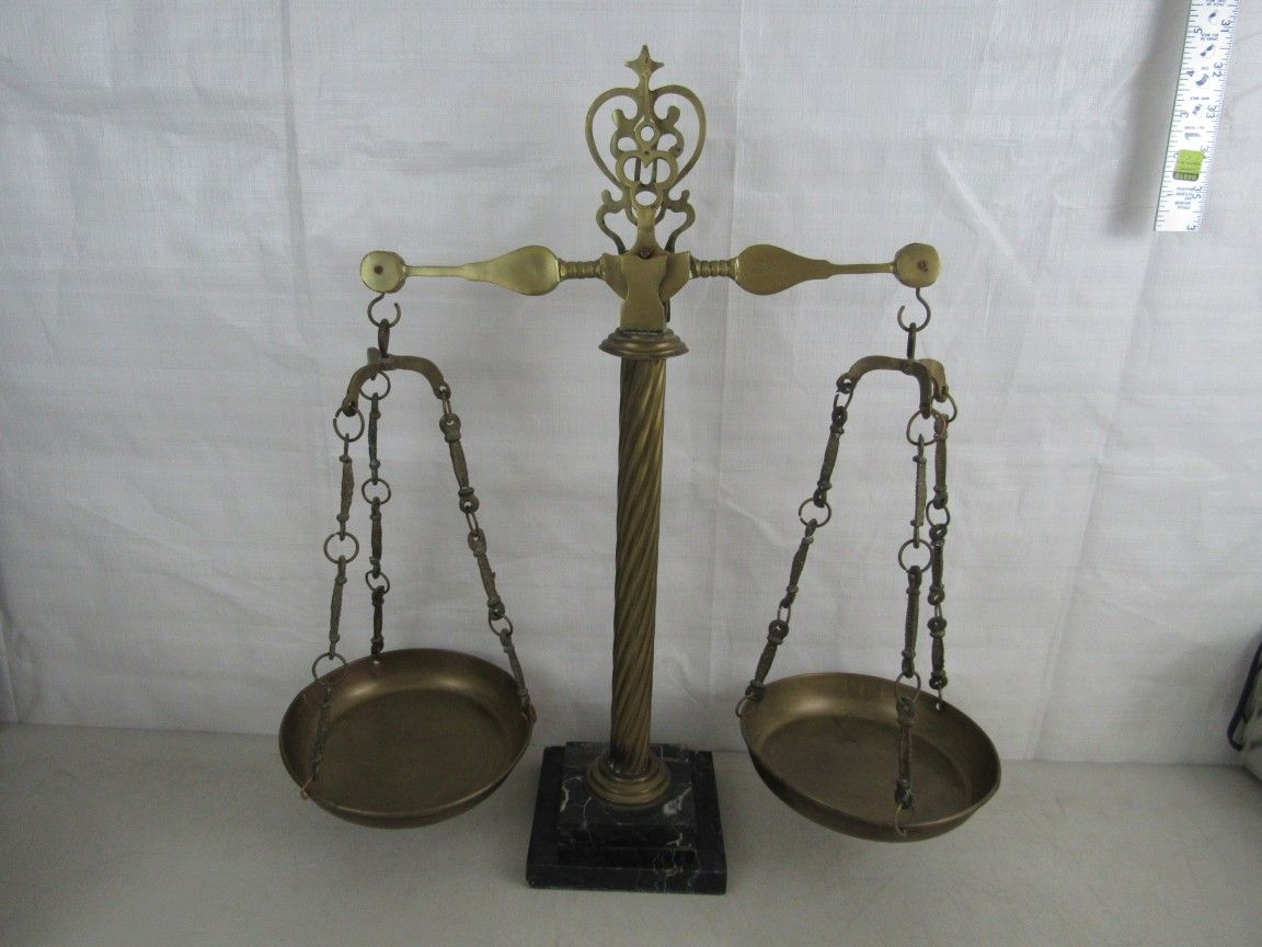 Ornate Balance Scales Of Justice Solid Bass & Marble Base 22" Tall