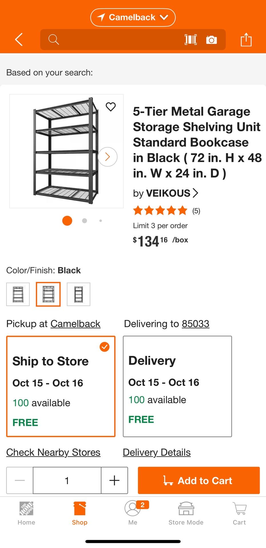 5-Tier Metal Garage Storage Shelving Unit Standard Bookcase in Black ( 72 in. H x 48 in. W x 24 in. D )
