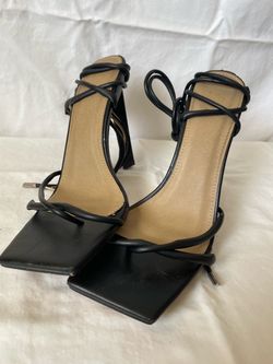 Black Strappy Square Toe Heeled Sandals