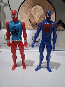 2016 red Hasbro Scarlet Spider, and 2014 blue Hasbro series Spider man .  12 inches tall.  good condition.