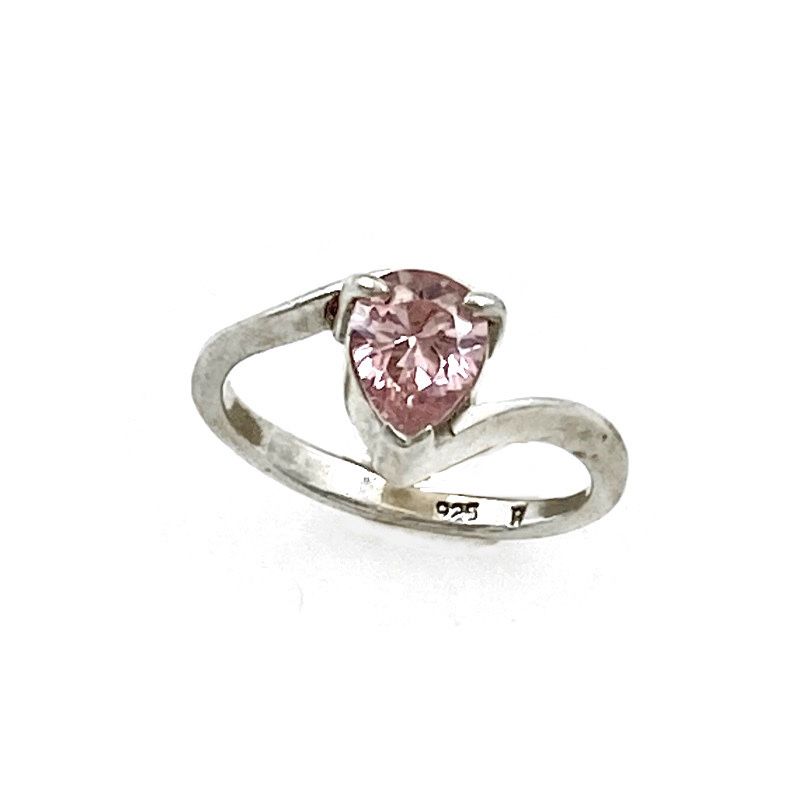 Vintage 925 Sterling Pear Cut Pink Cubic Zirconia Solitaire Minimalist Bypass Ring Signed, Engagement Prom