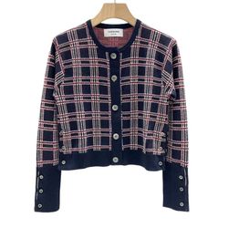 Thom Browne Red Navy Plaid Crew Neck Knitted Cardigan