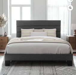 Queen Size Platform Bed Frame with Fabric Upholstered Headboard - Dark Grey