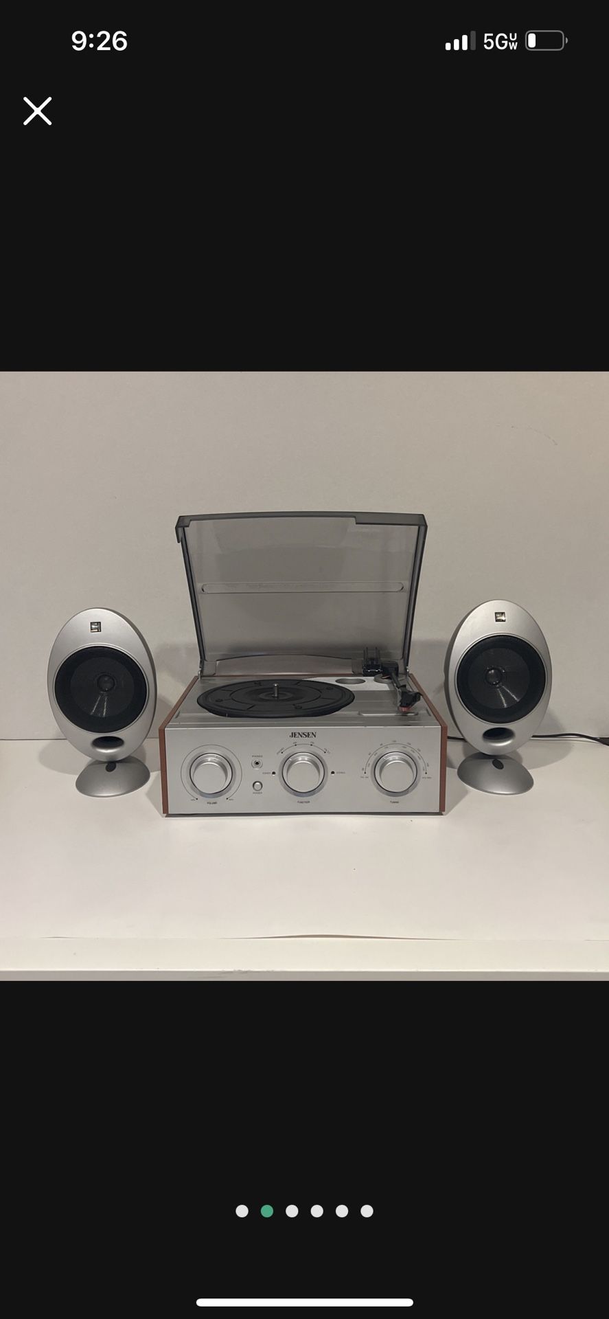 JENSEN JTA-220 3-Speed Turntable with AM/FM Stereo Receiver + 2 KEF HTS2001 Egg Satellite Speakers 