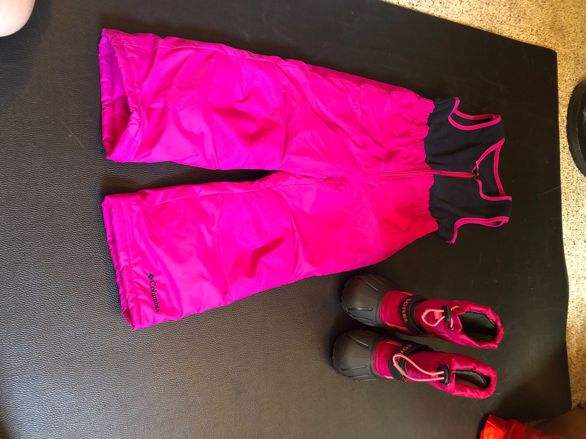 Girls 4T pink Columbia snow bib and Sorel size 10 boots