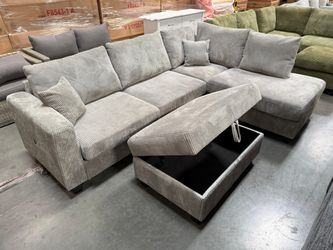 NEW 106" Sectional Couch and Chaise Set FREE STORAGE OTTOMAN Light Gray Fabric Ashley Style BIG SOFA Discount Clearance SALE Many Color USB Charging 