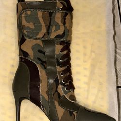 Tess Camouflage Stiletto Booties. Sizes 6, 71/2, 8, 81/2, 9, & 10