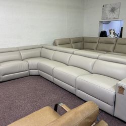 Furniture- 5 Pc 100% Real Leather Sectional With 3 Power Recliners- Nevio