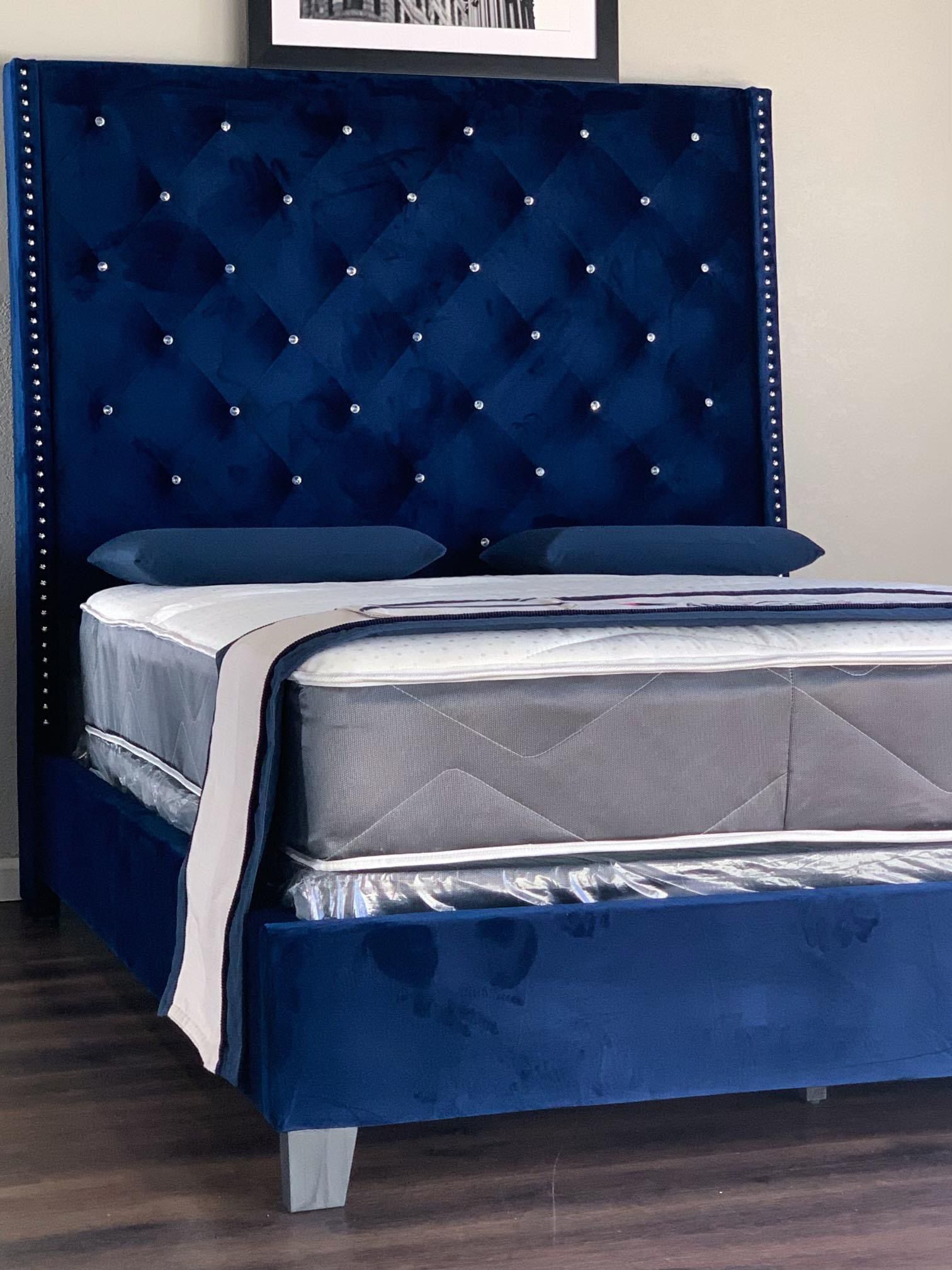 Brand New Queen Size 6foot Tall Blue Velvet Bed Frame With New Mattress & Box Spring