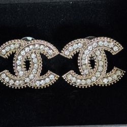 CC Crystal Logo Pale Gold Stud Earrings 