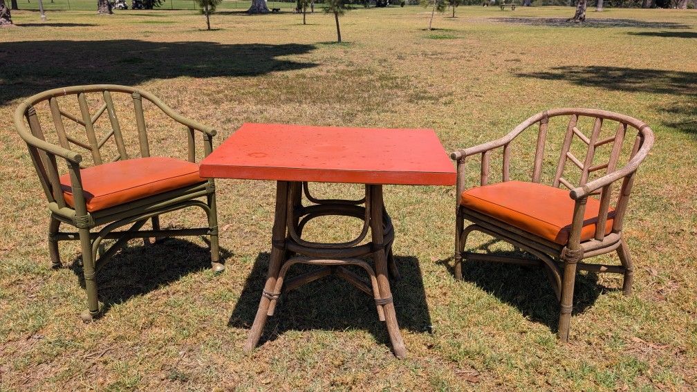3pc Vintage Bamboo Table & Chair Set Burnt Orange Please Read Boho Tiki Lunch Game Club Patio Chairs