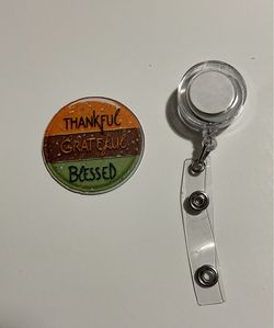 New round Thankful Grateful Blessed Retractable ID Badge holder