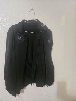 Black Open-Front Cardigan with Floral Embellishments