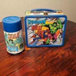 VINTAGE MARVEL © 1980 METAL LUNCHBOX AND THERMOS HULK SPIDER MAN CAPTAIN AMERICA