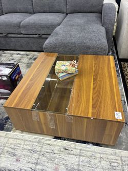 Wood Coffee Table with Glass Storage Compartment