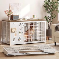 Foldable Dog Crate Furniture, 47.2" Dog Crate with DIY Frame, Heavy Duty Dog Kennel Indoor with Hooks, Wooden Dog Cage End Table, for Small/Medium/Lar