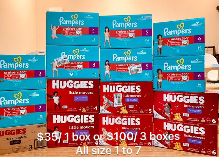 FIRM PRICE - HUGGIES Size 1-7, PAMPERS Size 3-7