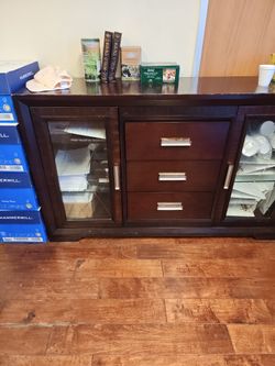 Dark Wood Buffet Sideboard with Glass Doors