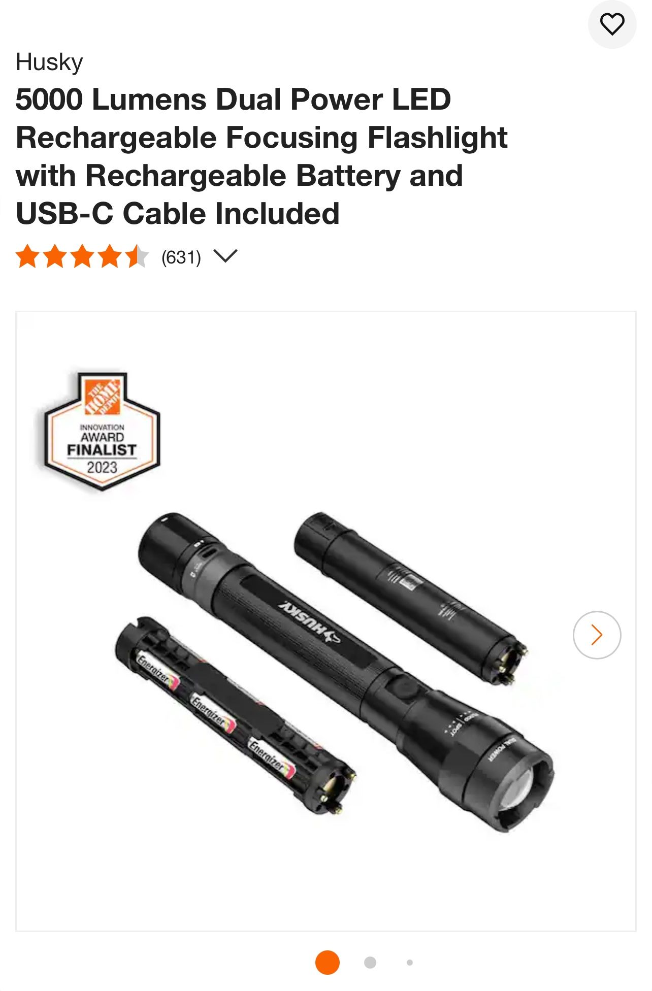 Husky 5000 Lumens Dual Power LED Rechargeable Focusing Flashlight with Rechargeable Battery and USB-C Cable Included