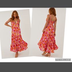 She+Sky Floral Deep V Maxi Dress S Straps Summer Sundress Tangerine & Fuchsia