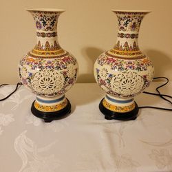 Pair Famille Rose Porcelain Pierced Ambient Lamps