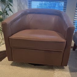 Applewold Upholstered Brown Faux Leather Swivel Barrel Chair with Solid Base 