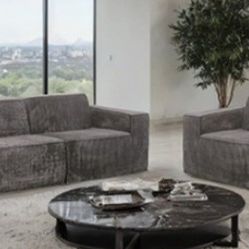 Brand New Grey Corduroy Plush Compressed Foam Sofa & Loveseat 