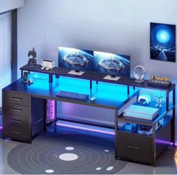 NEW! SEDETA | 75 Inch LED Gaming Desk with 5 Drawers & Storage Shelves (Black)